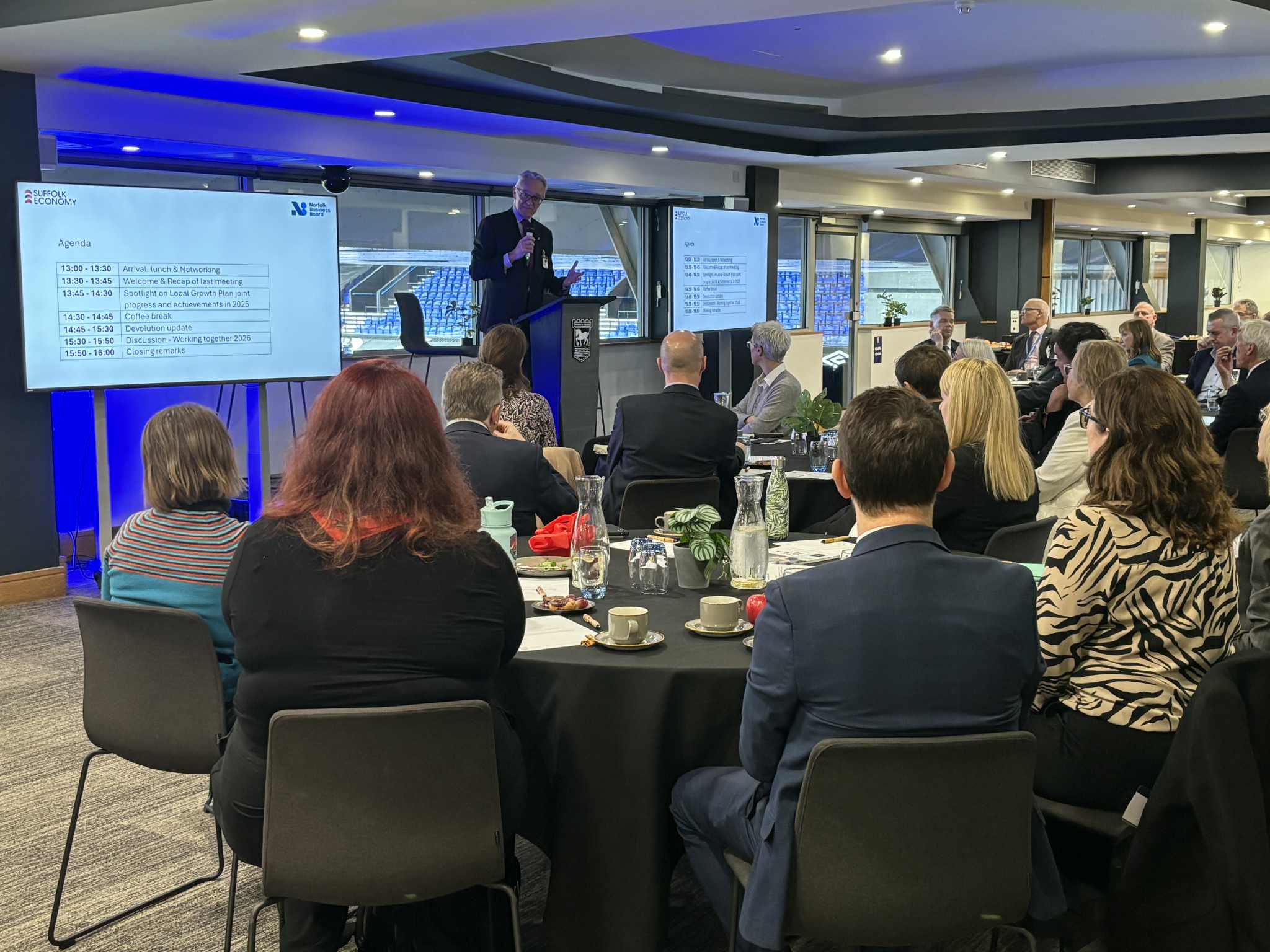 Mark Pendlington (Chair of the Suffolk Business Board) addresses a room of board members and other local business leaders